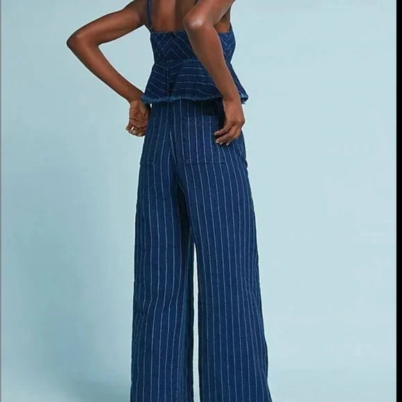 Anthro ett:twa Jumpsuit Womens Blue Denim Size SP Peplum Ruffled Striped Boho - Picture 1 of 13